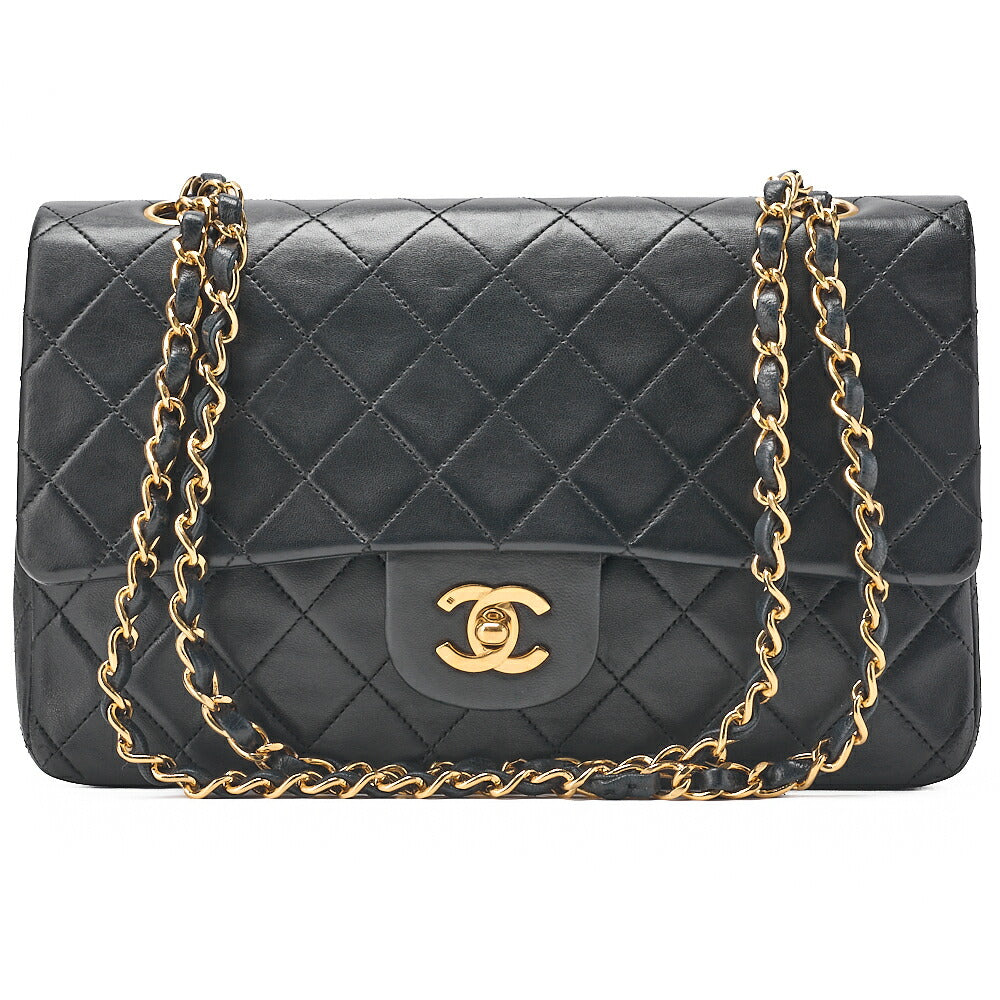 CHANEL Lambskin Matelasse 25cm Double Flap Chain Shoulder Black Gold-Tone Hardware, Pre-Owned