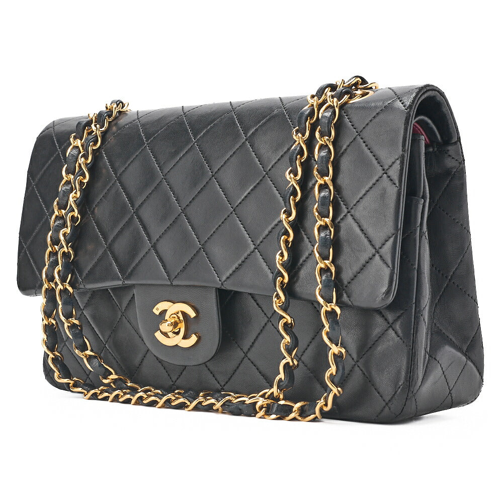 CHANEL Lambskin Matelasse 25cm Double Flap Chain Shoulder Black Gold-Tone Hardware, Pre-Owned