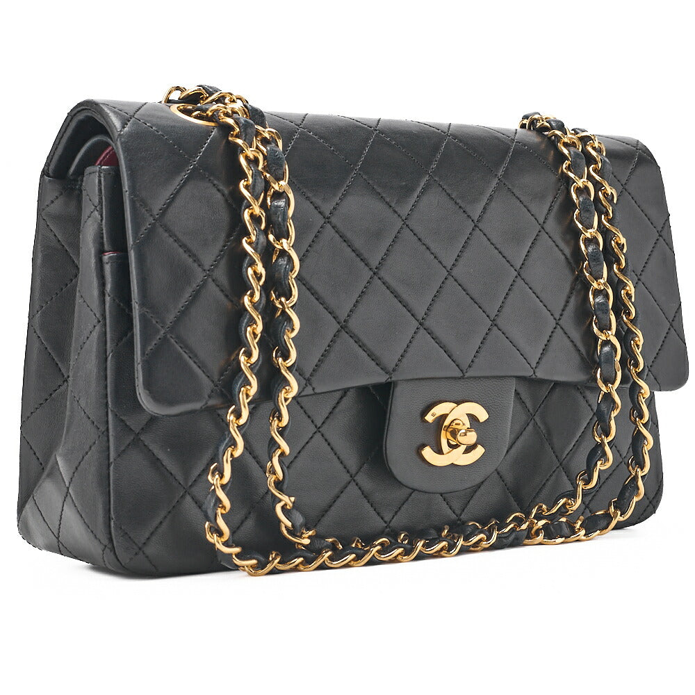 CHANEL Lambskin Matelasse 25cm Double Flap Chain Shoulder Black Gold-Tone Hardware, Pre-Owned