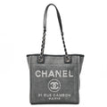 CHANEL Deauville PM Logo Mark Chain Tote Bag Canvas Gray x Navy Silver-Tone Hardware, Pre-Owned