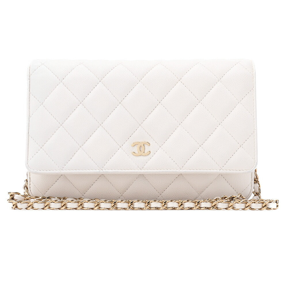CHANEL Matelasse Chain Wallet Caviar Skin White Gold-Tone Hardware, Pre-Owned