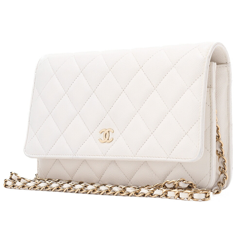 CHANEL Matelasse Chain Wallet Caviar Skin White Gold-Tone Hardware, Pre-Owned