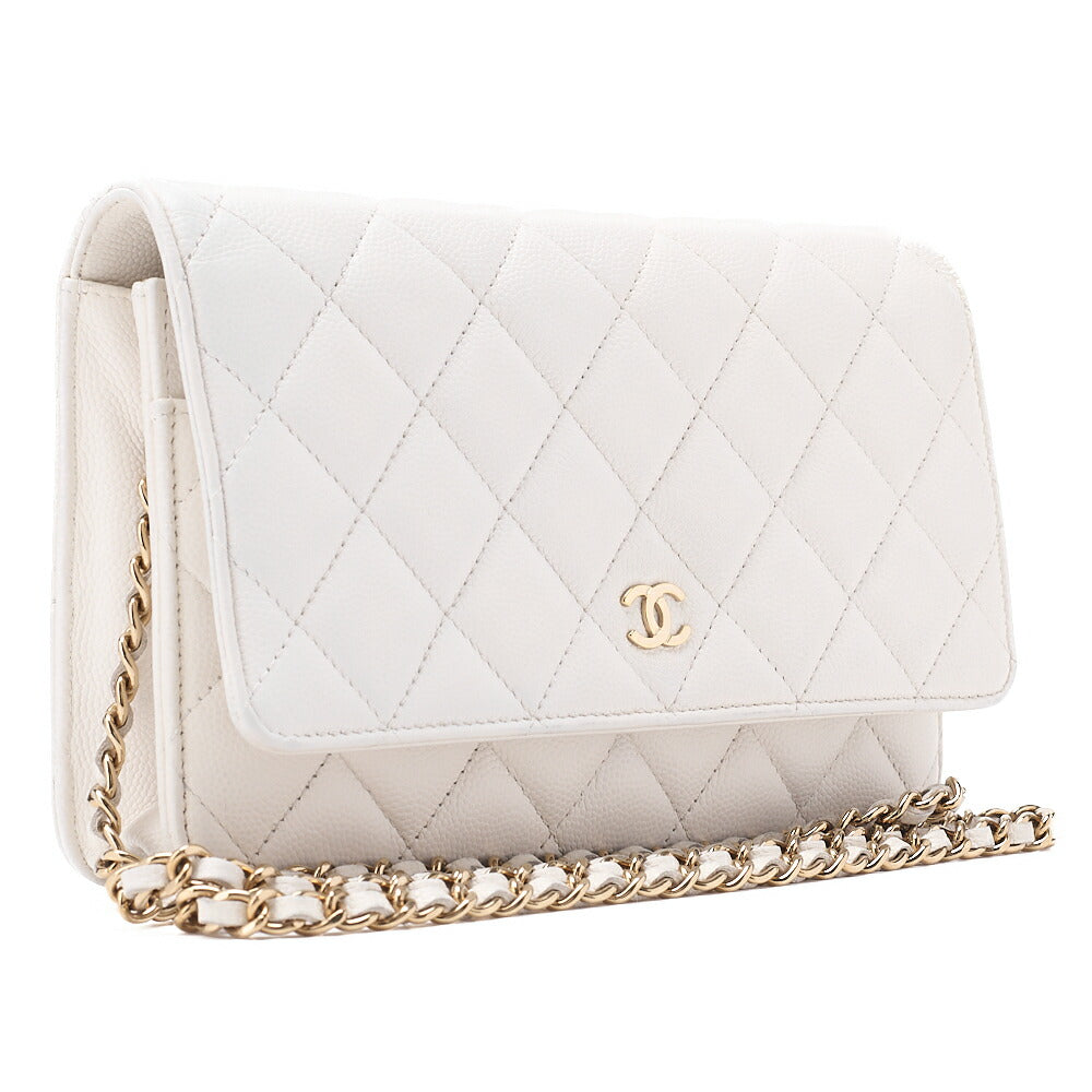 CHANEL Matelasse Chain Wallet Caviar Skin White Gold-Tone Hardware, Pre-Owned