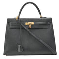 HERMES Kelly 35 Chevre Coromandel 2-way Handbag Black Gold-Tone Hardware, Pre-Owned