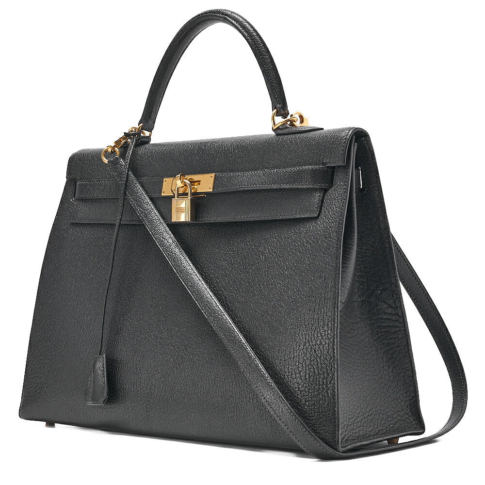 HERMES Kelly 35 Chevre Coromandel 2-way Handbag Black Gold-Tone Hardware, Pre-Owned