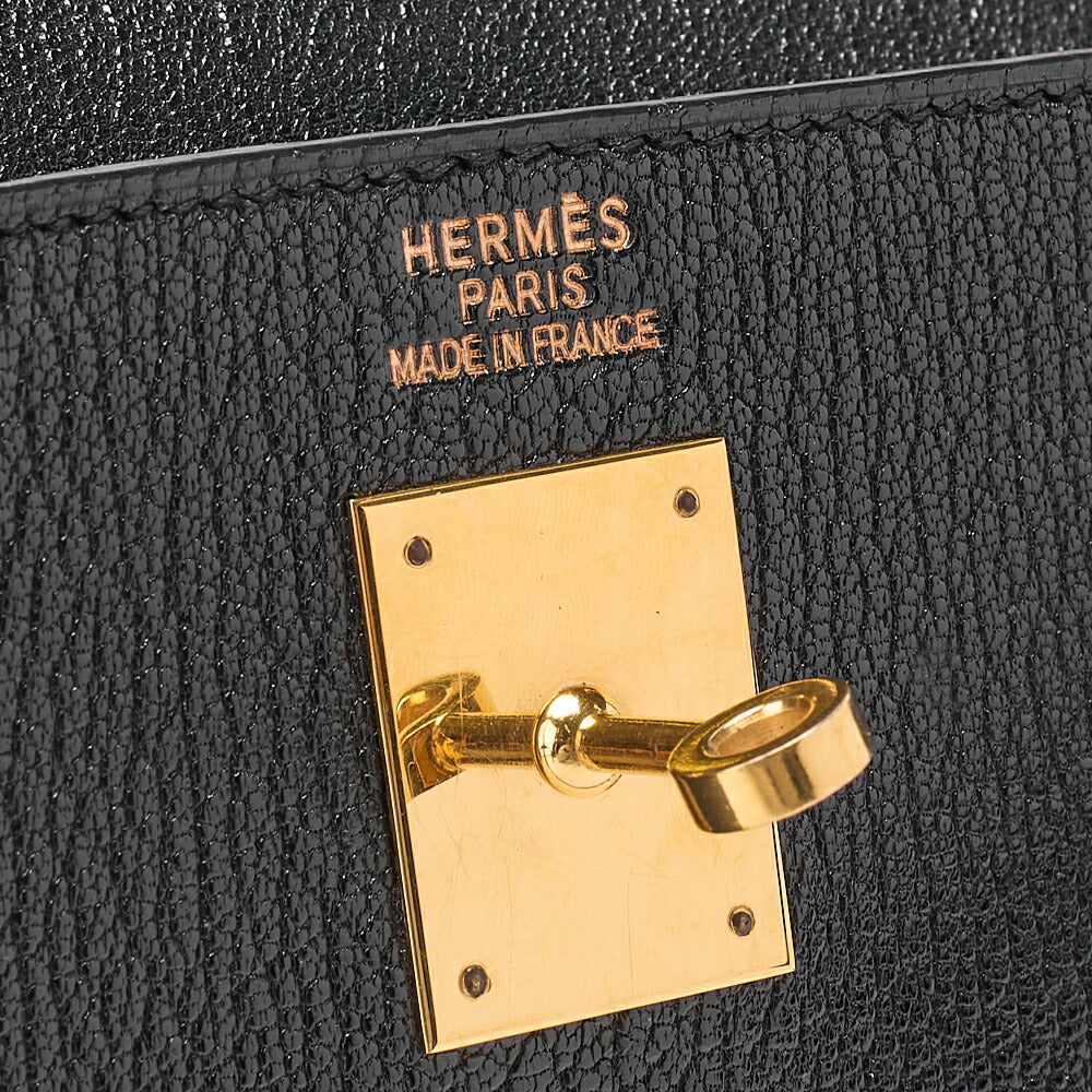 HERMES Kelly 35 Chevre Coromandel 2-way Handbag Black Gold-Tone Hardware, Pre-Owned