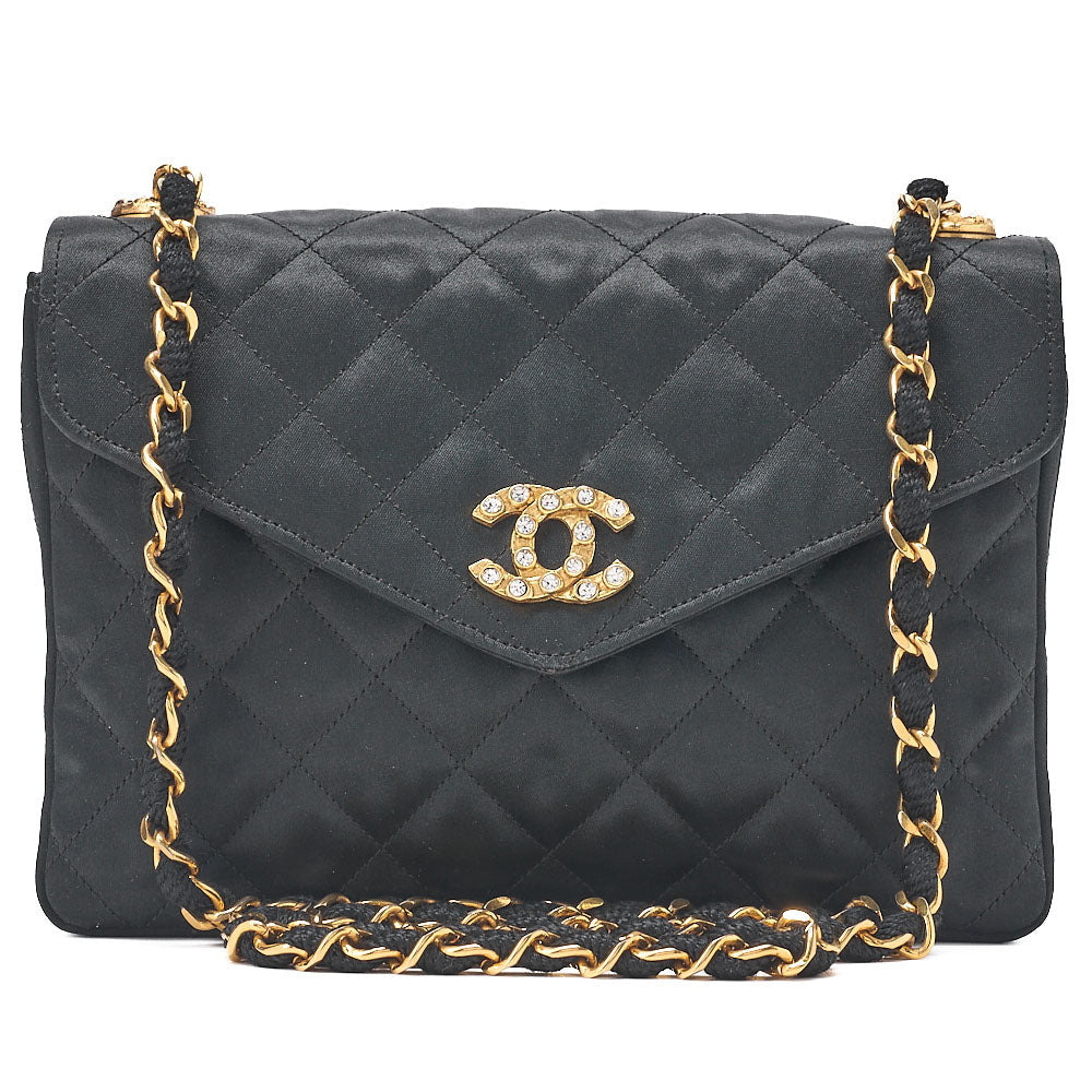 CHANEL Matelasse V-Flap Rhinestone Chain Shoulder Bag Satin Black Gold-Tone Hardware, Pre-Owned