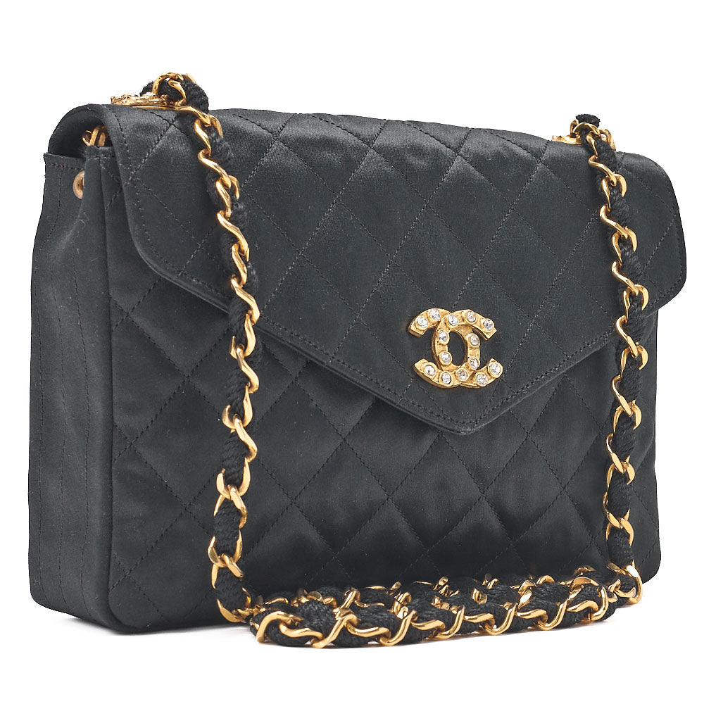 CHANEL Matelasse V-Flap Rhinestone Chain Shoulder Bag Satin Black Gold-Tone Hardware, Pre-Owned