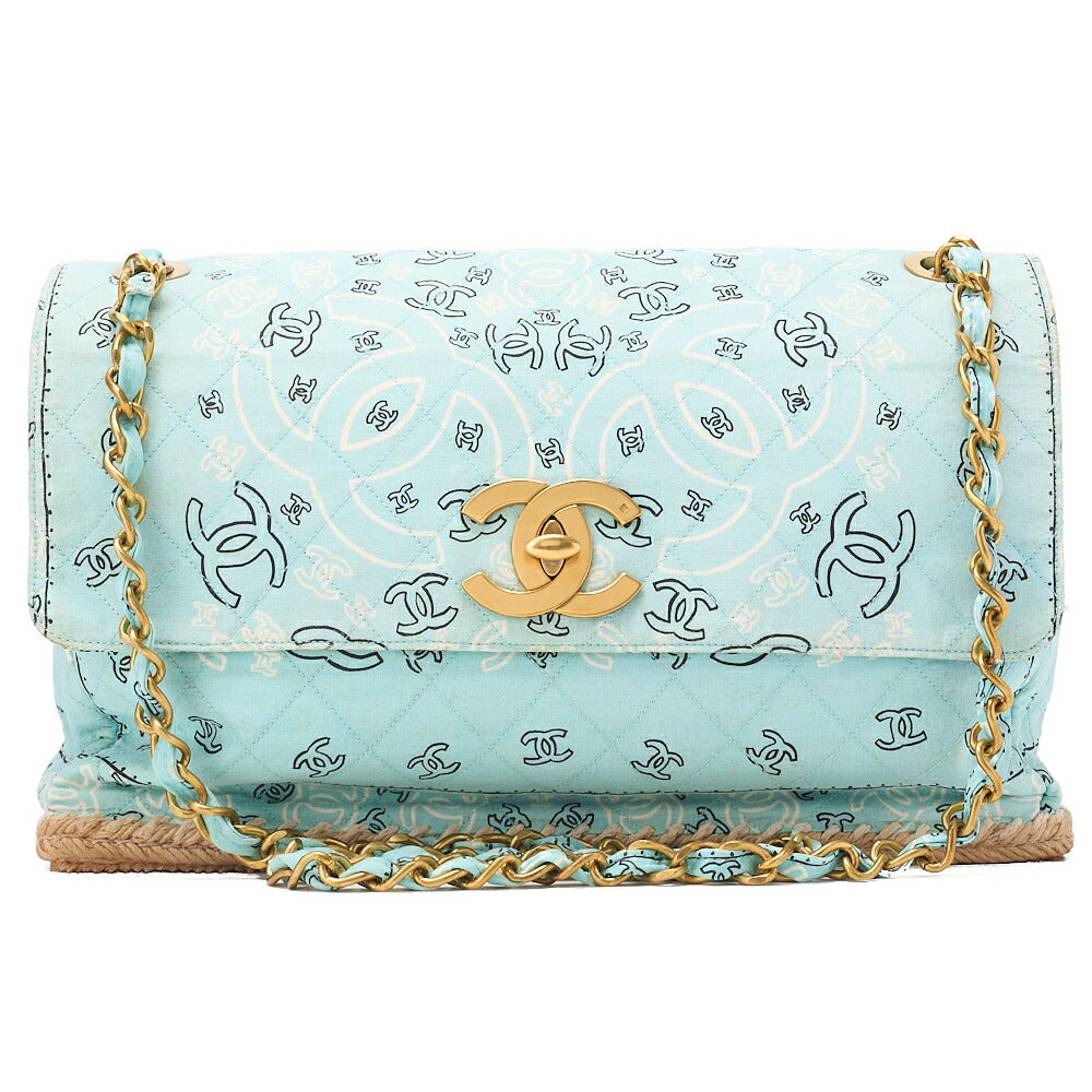 CHANEL Canvas x Raffia Deca Coco Mark Matelasse 33cm Single Flap Chain Shoulder Mint Color Gold-Tone Hardware, Pre-Owned