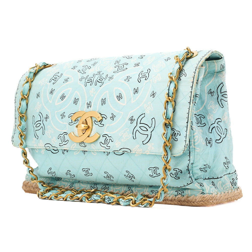 CHANEL Canvas x Raffia Deca Coco Mark Matelasse 33cm Single Flap Chain Shoulder Mint Color Gold-Tone Hardware, Pre-Owned