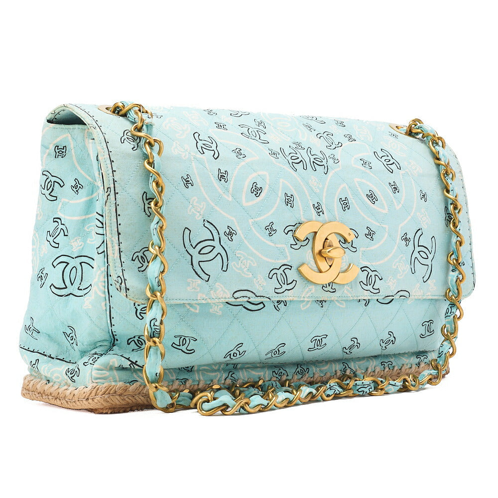 CHANEL Canvas x Raffia Deca Coco Mark Matelasse 33cm Single Flap Chain Shoulder Mint Color Gold-Tone Hardware, Pre-Owned