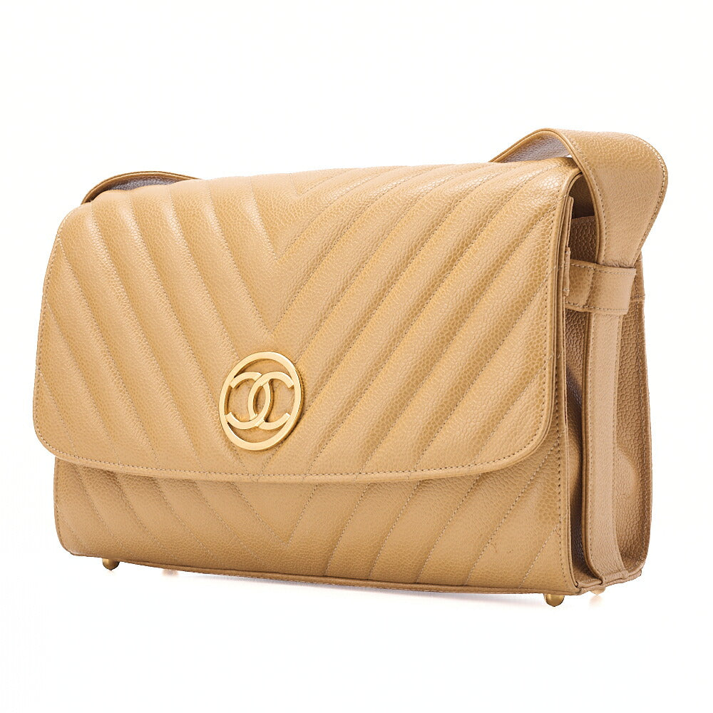 CHANEL Circle Coco Mark Single Flap Shoulder Bag Caviar Skin Beige Gold-Tone Hardware, Pre-Owned
