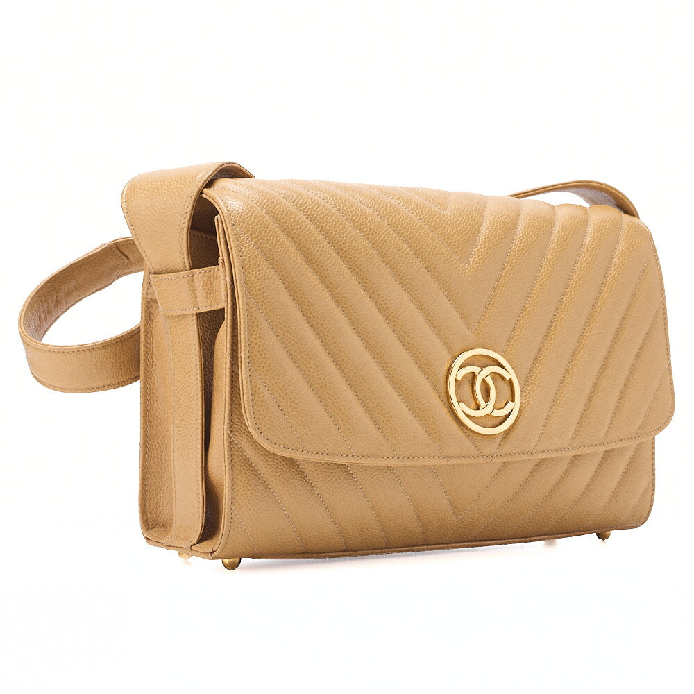 CHANEL Circle Coco Mark Single Flap Shoulder Bag Caviar Skin Beige Gold-Tone Hardware, Pre-Owned