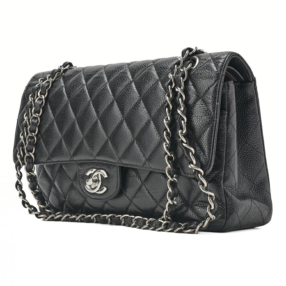 CHANEL Matelasse  25cm Double Flap Chain Shoulder Caviar Skin Black Silver-Tone Hardware, Pre-Owned
