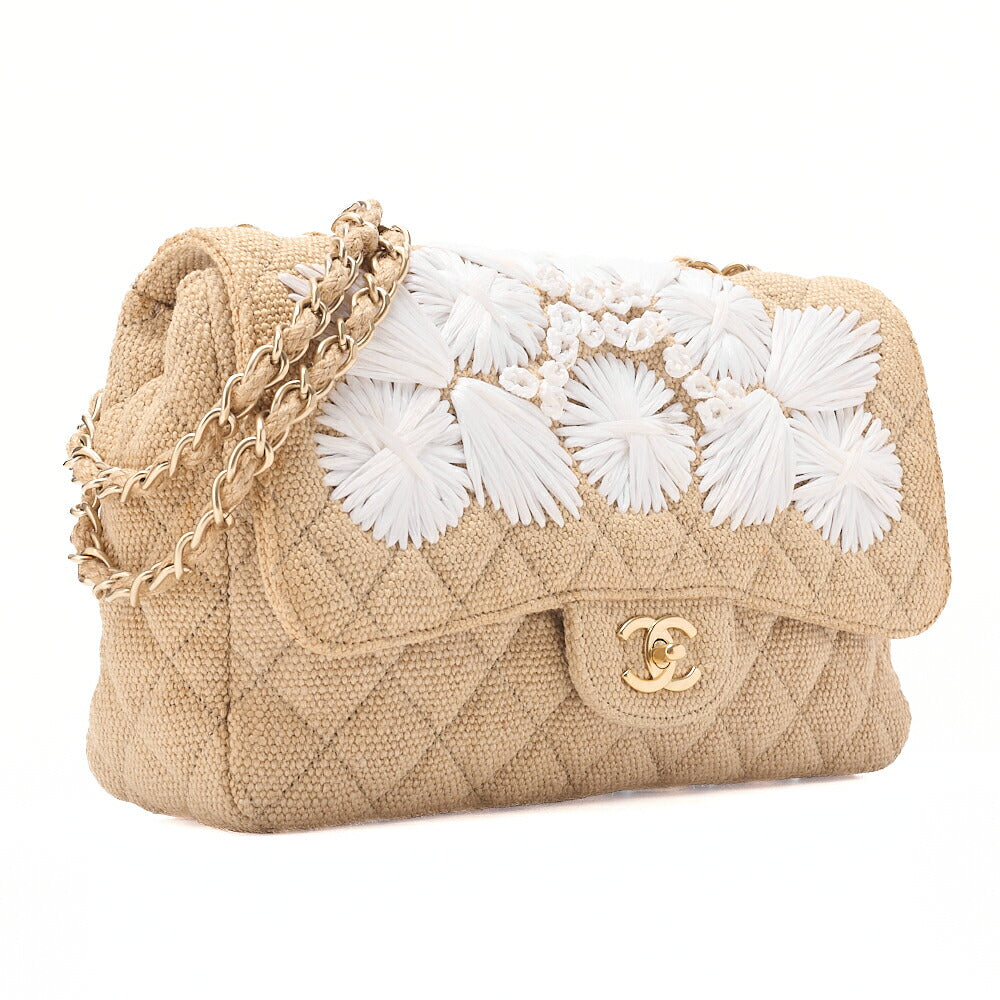 CHANEL Raffia x Hemp Deca Matelasse 30 Single Flap Chain Shoulder Beige Gold-Tone Hardware, Pre-Owned