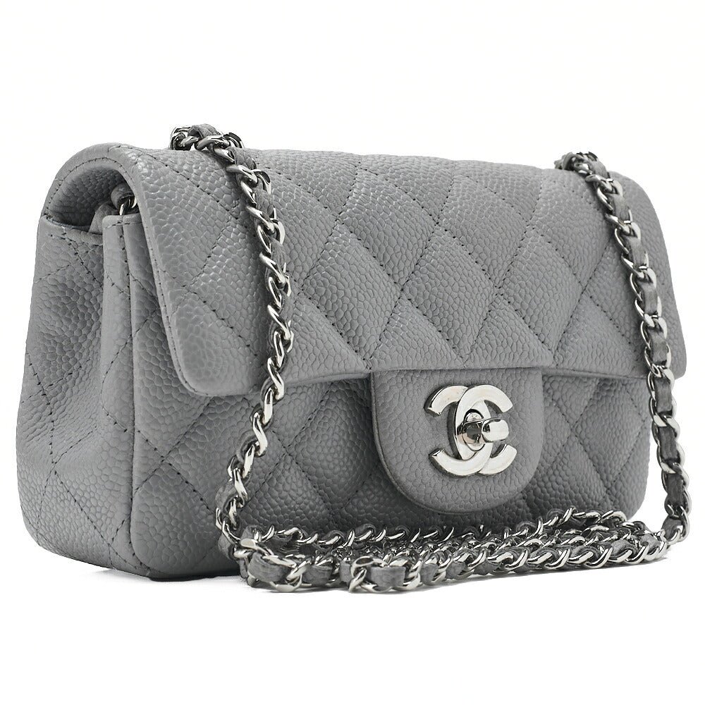 CHANEL Chain Shoulder Bag Mini Matelasse 17cm Caviar Skin Cool Grey Silver-Tone Hardware, Pre-Owned