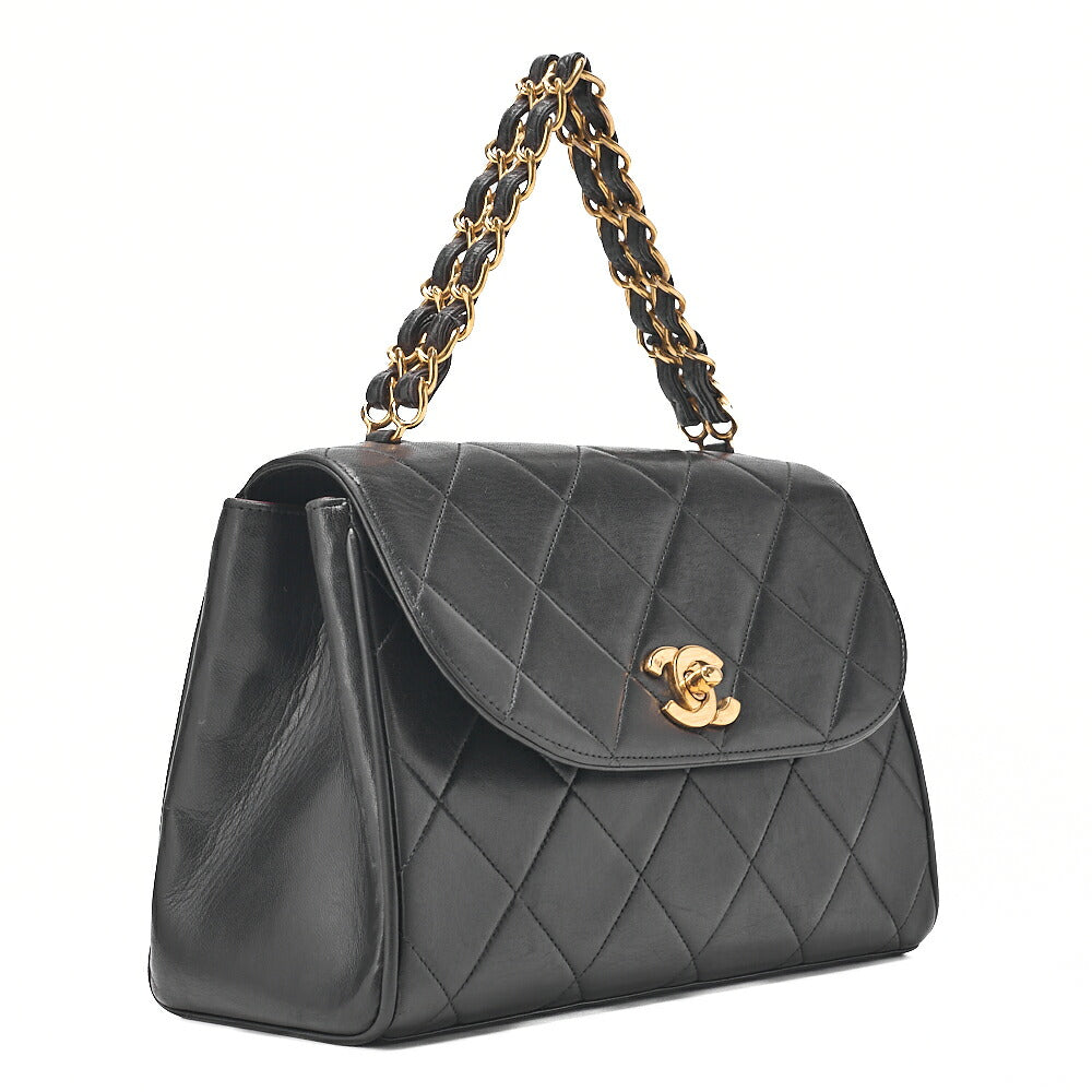 CHANEL Matelasse Trapezoidal Round Flap Single Chain Hand Lambskin Black Gold-Tone Hardware, Pre-Owned