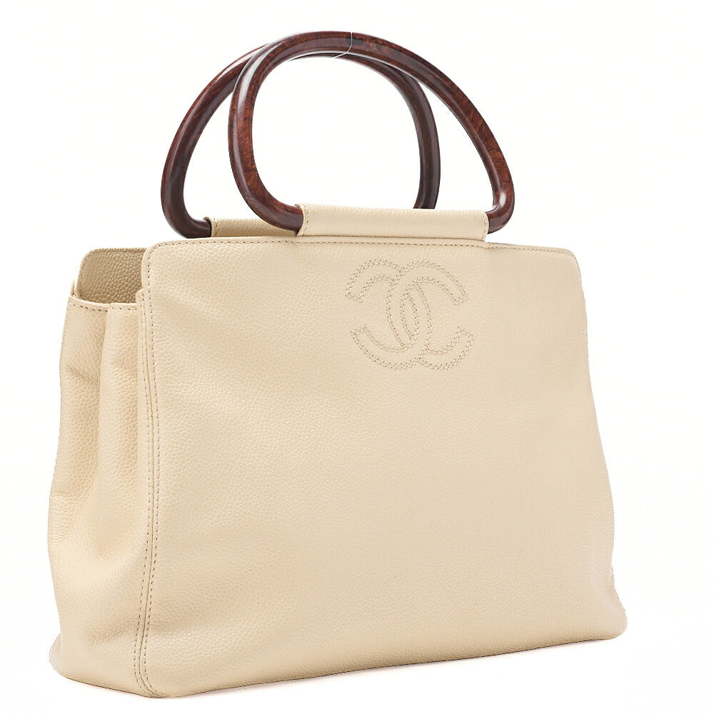 CHANEL Coco Mark Wood Pattern Handbag Caviar Skin Beige Gold-Tone Hardware, Pre-Owned