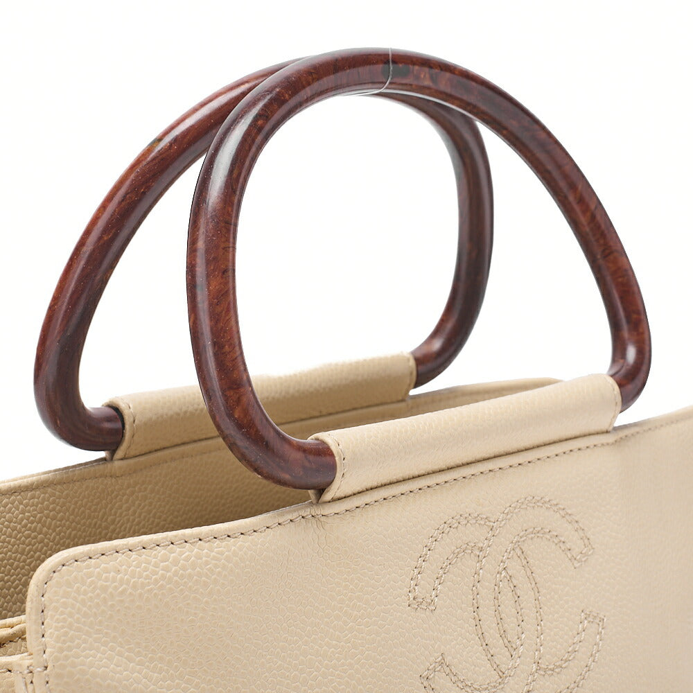 CHANEL Coco Mark Wood Pattern Handbag Caviar Skin Beige Gold-Tone Hardware, Pre-Owned