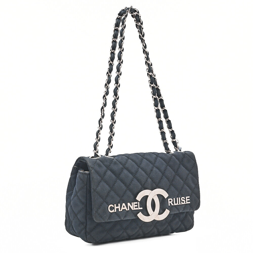 CHANEL Cruise Line Big Coco Mark Chain Shoulder Canvas Navy Silver-Tone Hardware, Pre-Owned