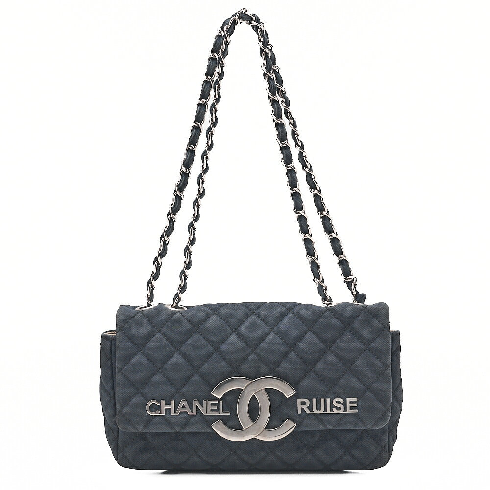 CHANEL Cruise Line Big Coco Mark Chain Shoulder Canvas Navy Silver-Tone Hardware, Pre-Owned