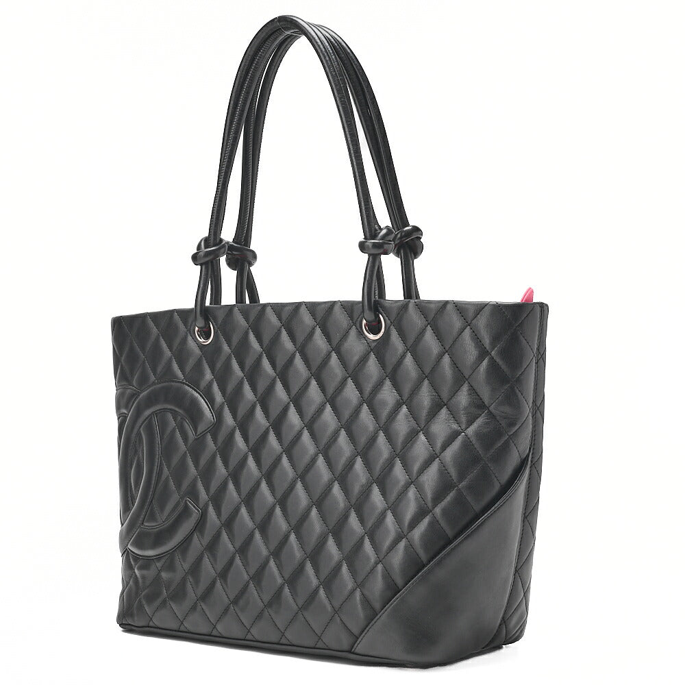 CHANEL Cambon Line Matlasse Tote Bag Calf Leather Black Silver-Tone Hardware, Pre-Owned