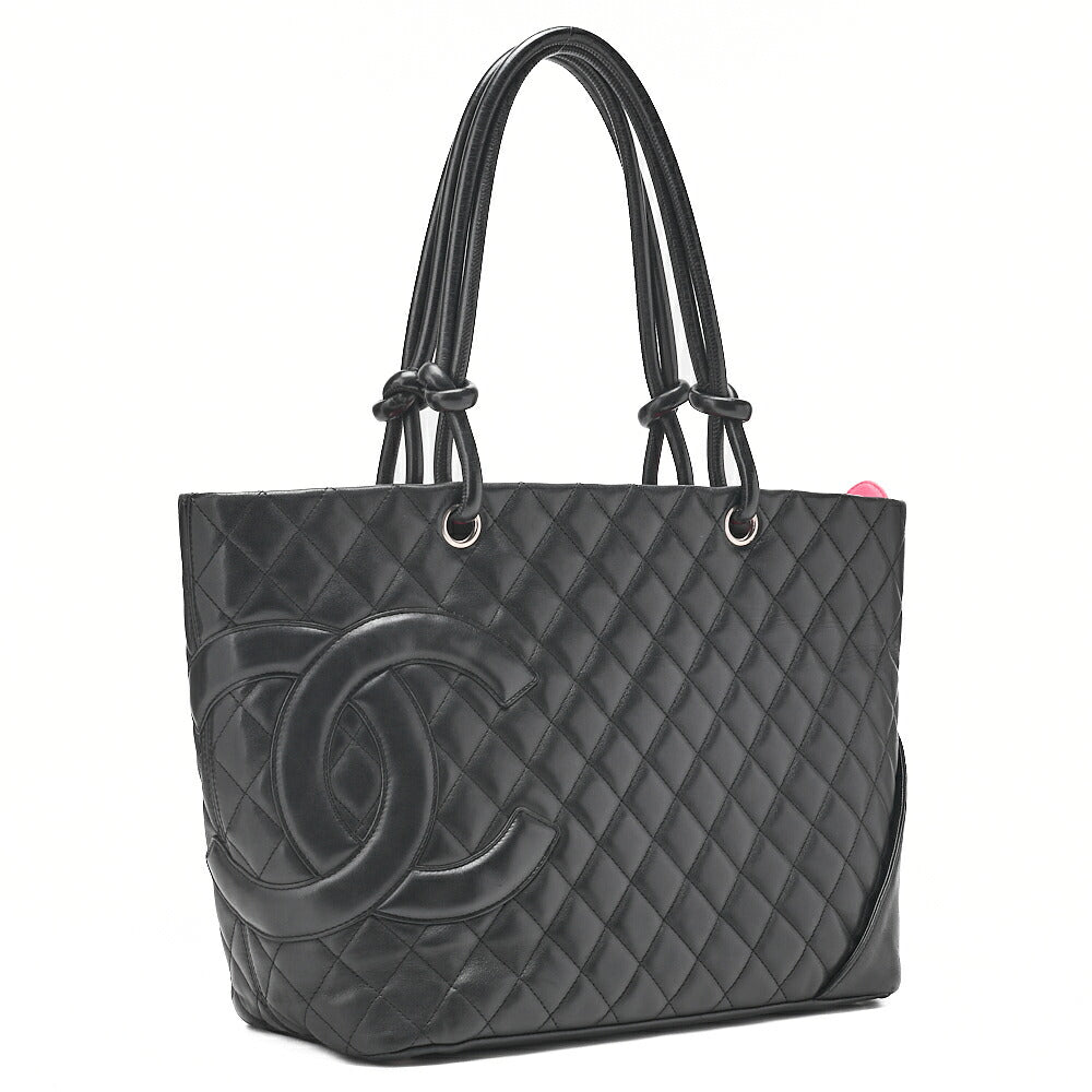 CHANEL Cambon Line Matlasse Tote Bag Calf Leather Black Silver-Tone Hardware, Pre-Owned