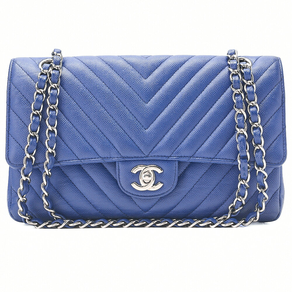 CHANEL V-Stitch Double Flap Chain Shoulder Bag Caviar Skin Blue Silver-Tone Hardware, Pre-Owned
