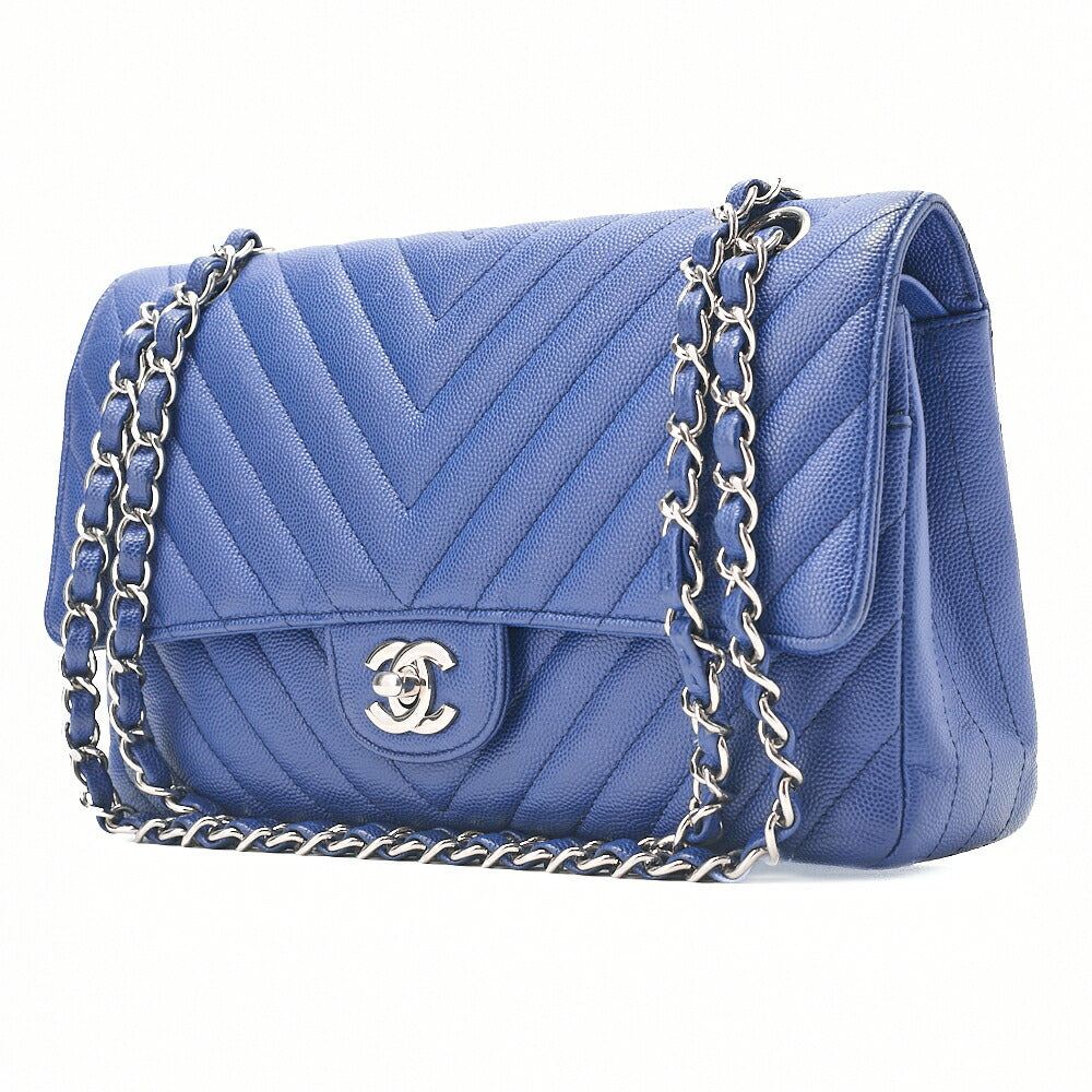 CHANEL V-Stitch Double Flap Chain Shoulder Bag Caviar Skin Blue Silver-Tone Hardware, Pre-Owned