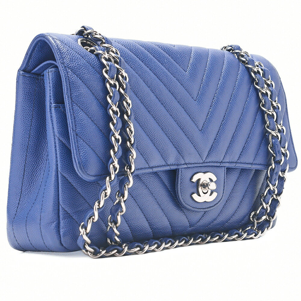 CHANEL V-Stitch Double Flap Chain Shoulder Bag Caviar Skin Blue Silver-Tone Hardware, Pre-Owned