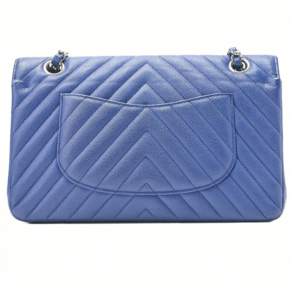 CHANEL V-Stitch Double Flap Chain Shoulder Bag Caviar Skin Blue Silver-Tone Hardware, Pre-Owned