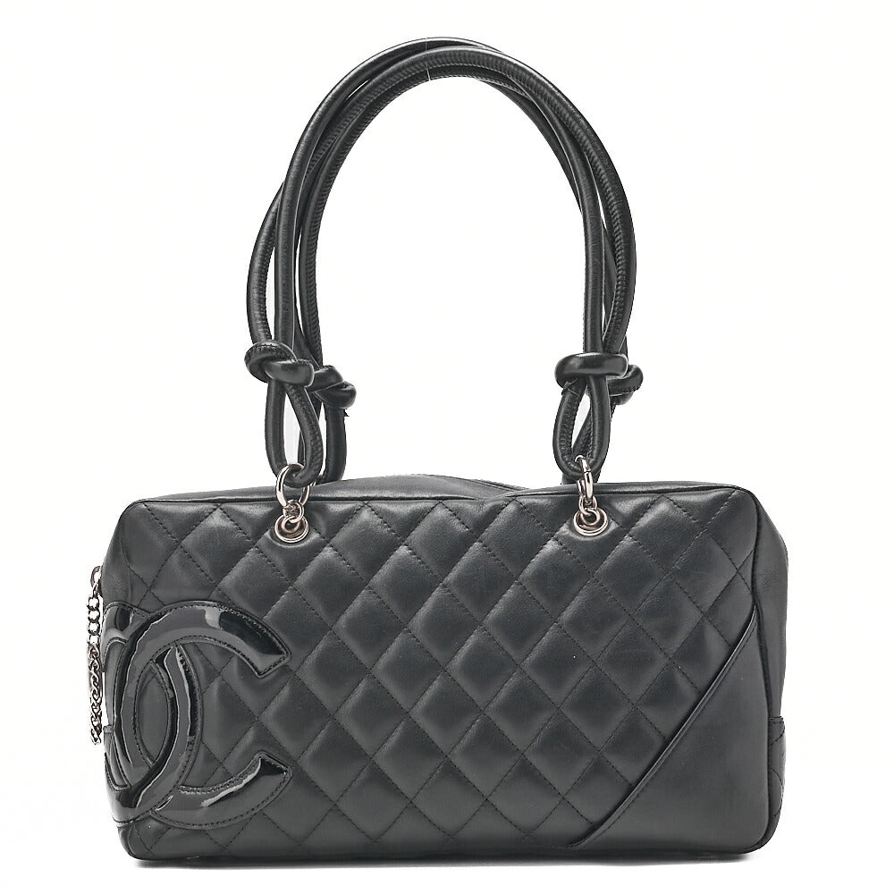 CHANEL Cambon Line Matlasse Handbag Calf Leather x Enamel Black Silver-Tone Hardware, Pre-Owned