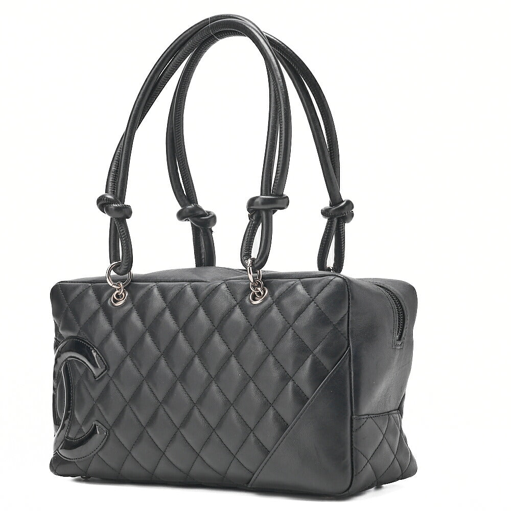 CHANEL Cambon Line Matlasse Handbag Calf Leather x Enamel Black Silver-Tone Hardware, Pre-Owned