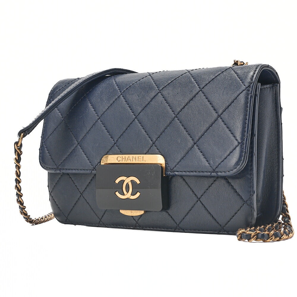CHANEL Matlasse  Butty Lock Chain Shoulder Lambskin Navy Gold-Tone Hardware, Pre-Owned