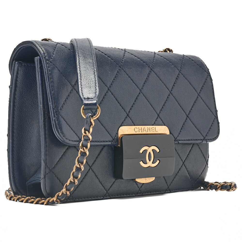 CHANEL Matlasse  Butty Lock Chain Shoulder Lambskin Navy Gold-Tone Hardware, Pre-Owned