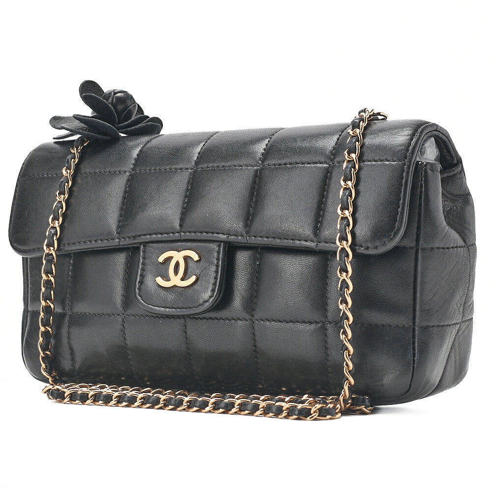 CHANEL Chocolate Bar Camellia Chain Shoulder Bag Lambskin Black Gold-Tone Hardware, Pre-Owned