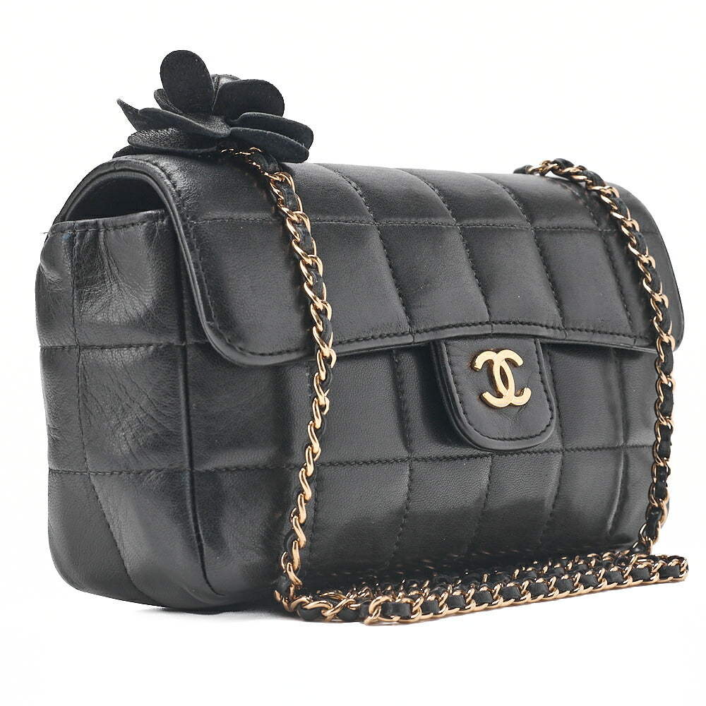 CHANEL Chocolate Bar Camellia Chain Shoulder Bag Lambskin Black Gold-Tone Hardware, Pre-Owned