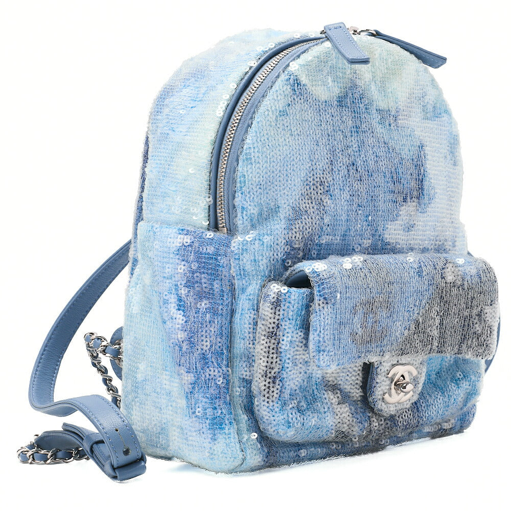 CHANEL Sequin Cocomark Chain Backpack Blue Multicolor Silver-Tone Hardware, Pre-Owned