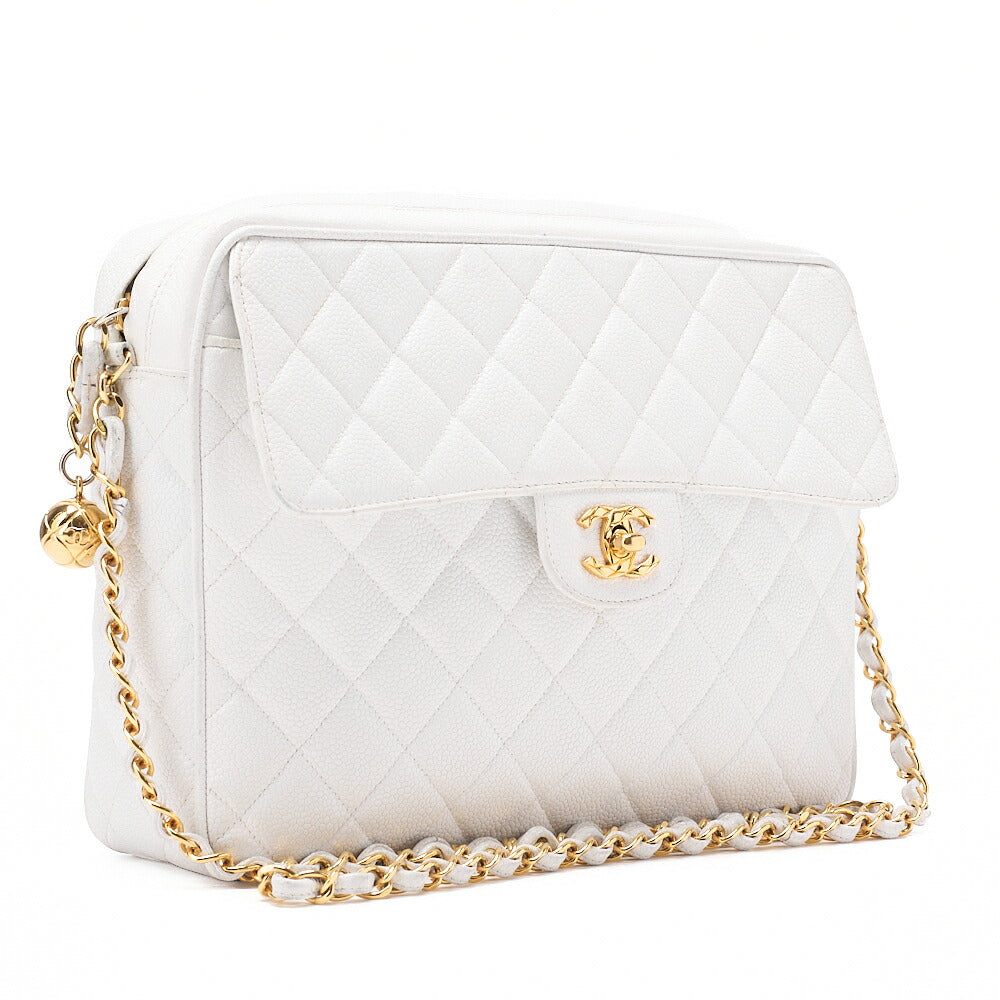 CHANEL Matlasse Coco Mark Ball Charm Chain Shoulder Bag Caviar Skin White Gold-Tone Hardware, Pre-Owned