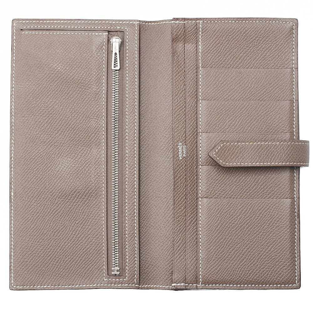 HERMES Bearn Soufflet Epsom 2-Fold Long Wallet Etoup Silver-Tone Hardware, Pre-Owned