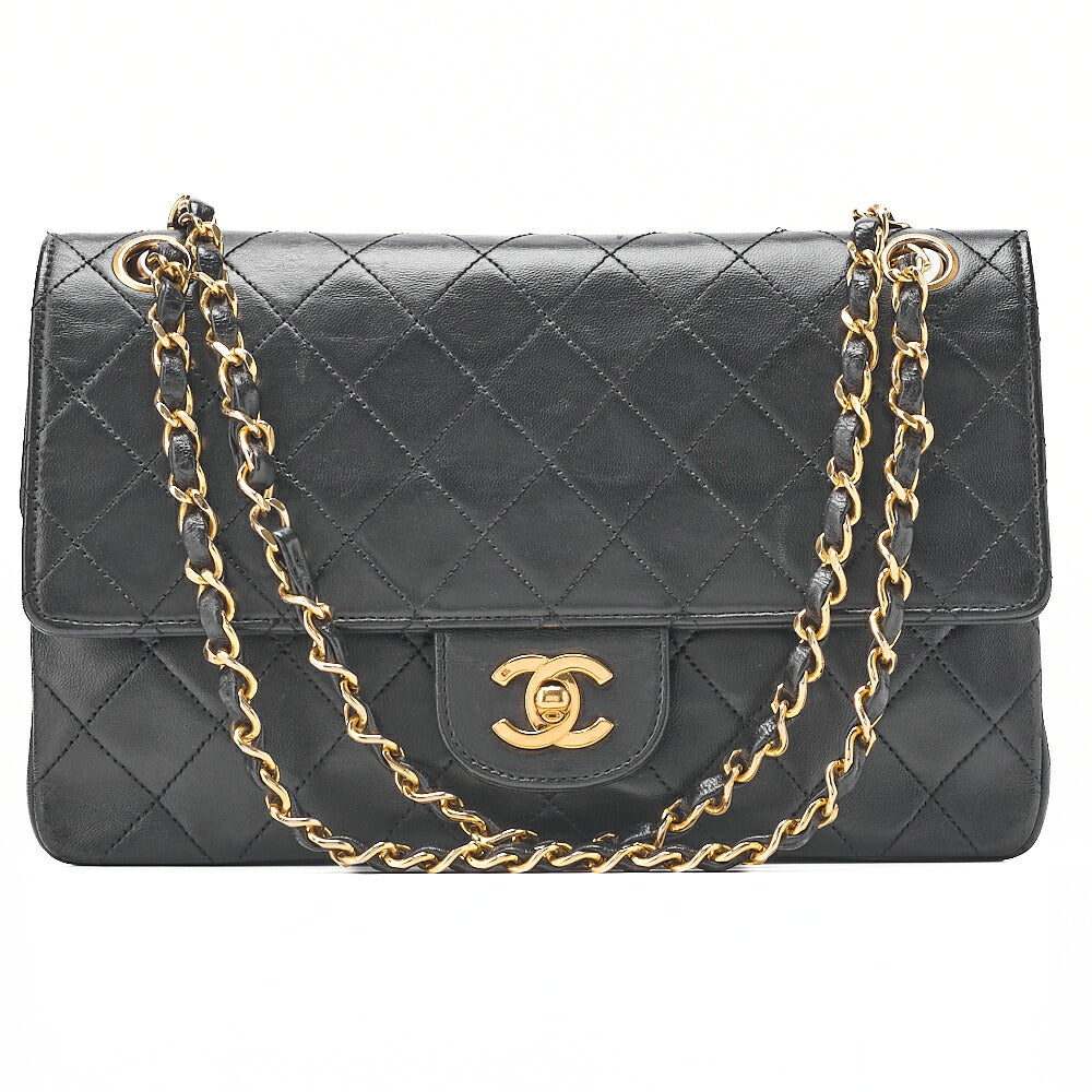 CHANEL Lambskin Matelasse Straight Flap Tanlock Double Flap Chain Shoulder Bag Black Gold-Tone Hardware, Pre-Owned