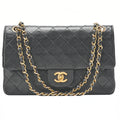 CHANEL Lambskin Matelasse Straight Flap Tanlock Double Flap Chain Shoulder Bag Black Gold-Tone Hardware, Pre-Owned