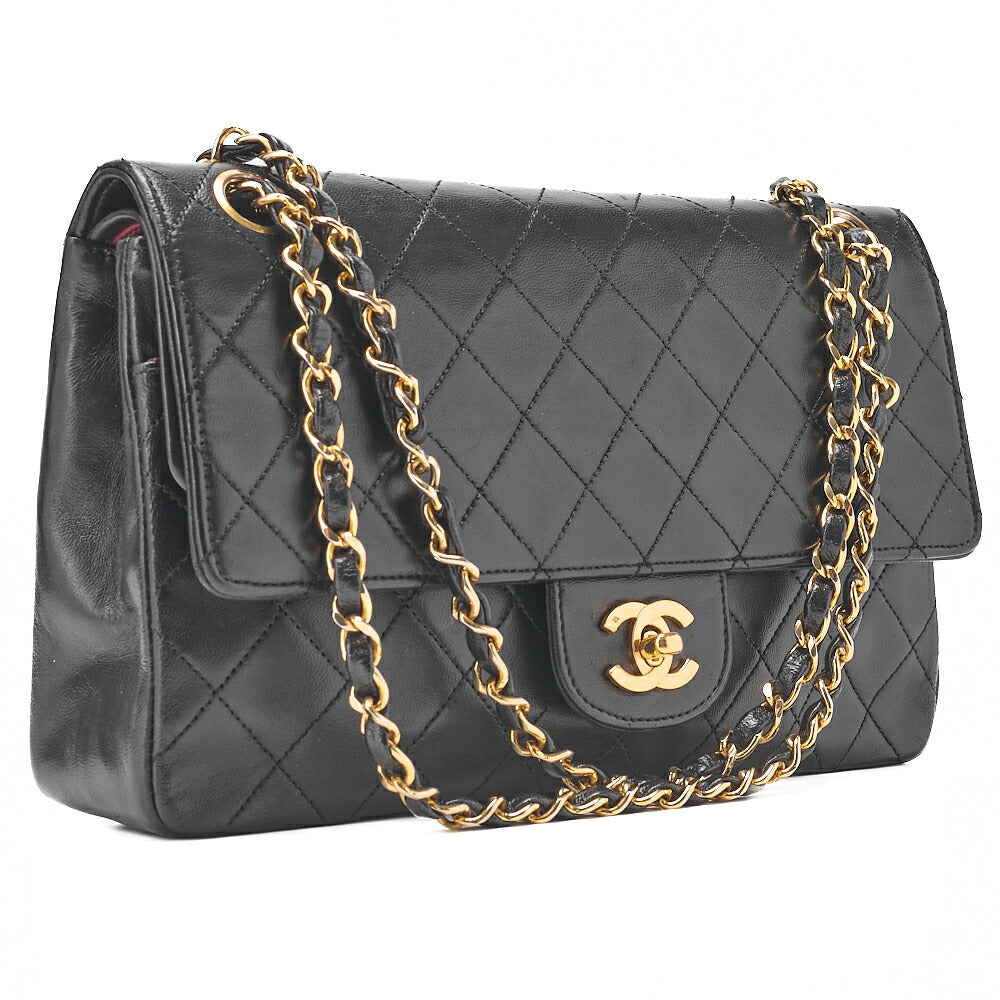 CHANEL Lambskin Matelasse Straight Flap Tanlock Double Flap Chain Shoulder Bag Black Gold-Tone Hardware, Pre-Owned