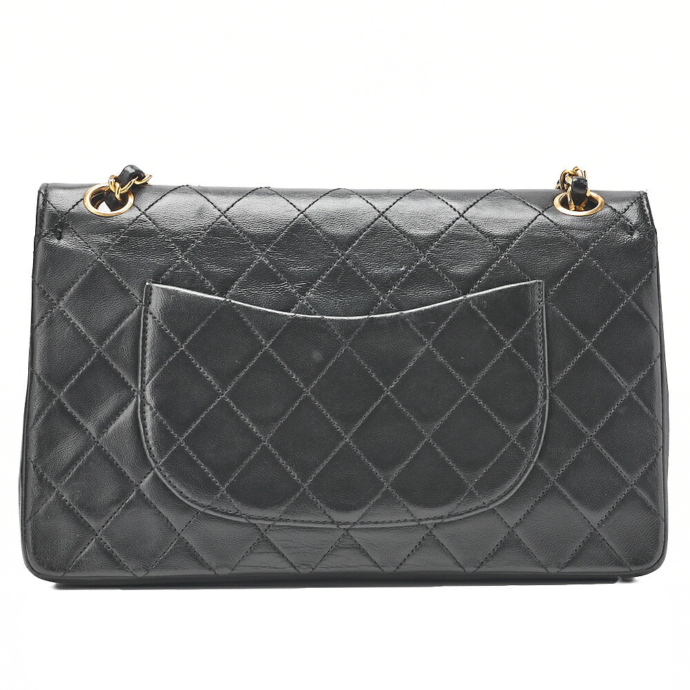 CHANEL Lambskin Matelasse Straight Flap Tanlock Double Flap Chain Shoulder Bag Black Gold-Tone Hardware, Pre-Owned
