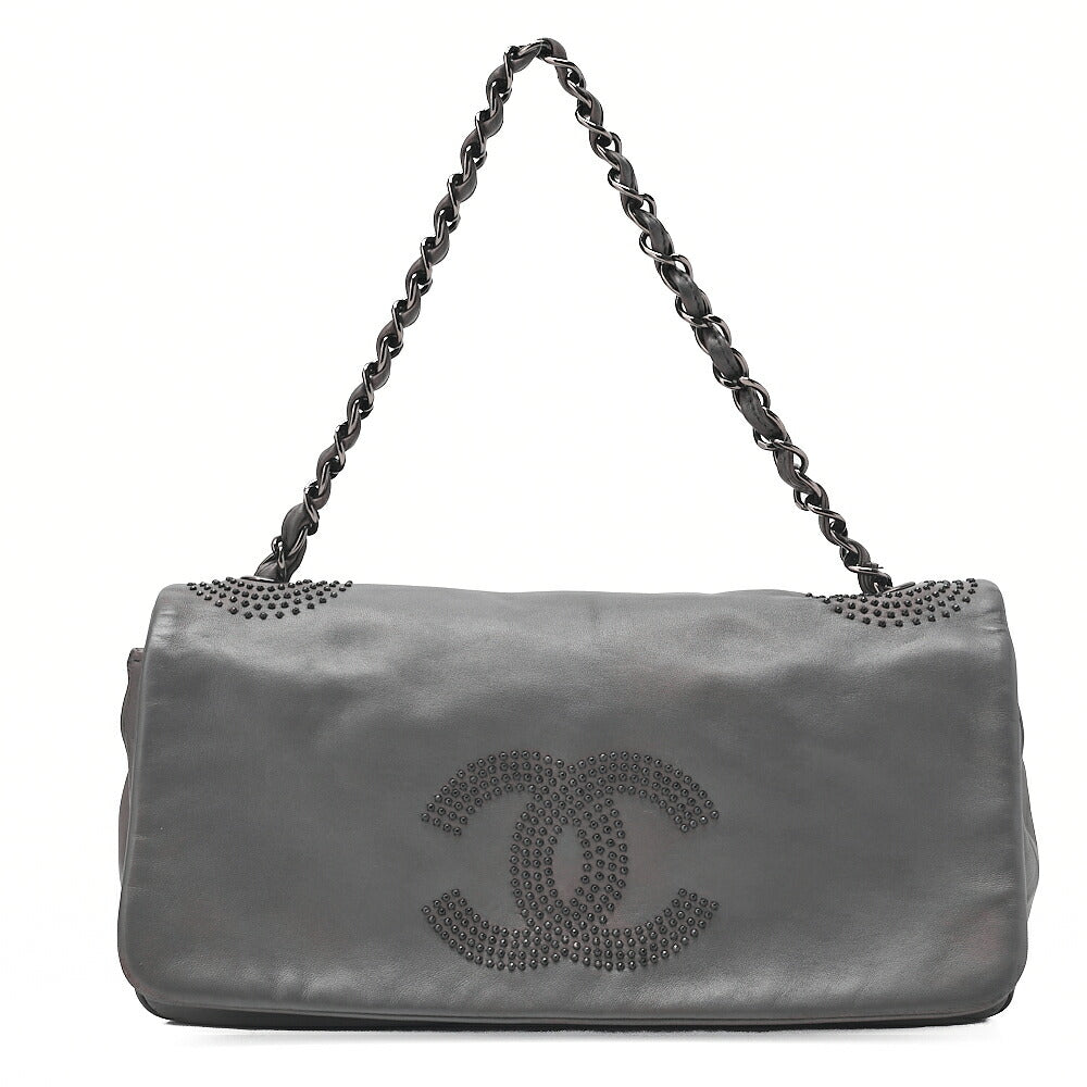 CHANEL Big Coco Mark Studs Full Flap Shoulder Bag Lambskin Grey Silver-Tone Hardware, Pre-Owned