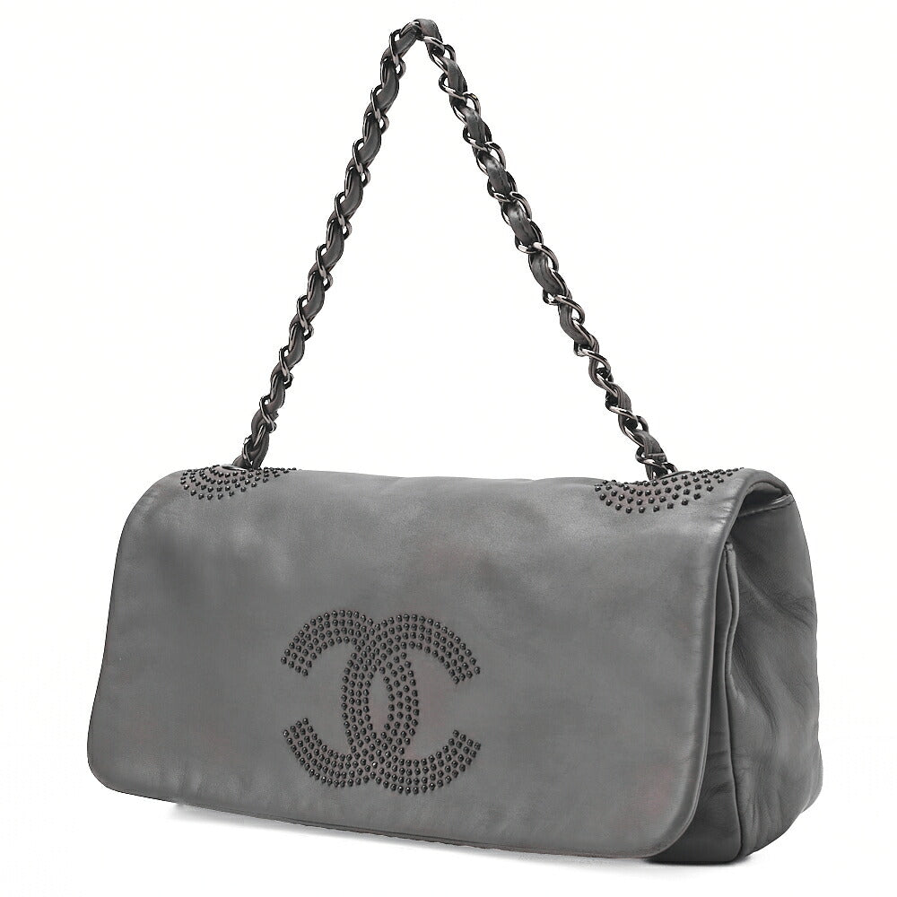 CHANEL Big Coco Mark Studs Full Flap Shoulder Bag Lambskin Grey Silver-Tone Hardware, Pre-Owned