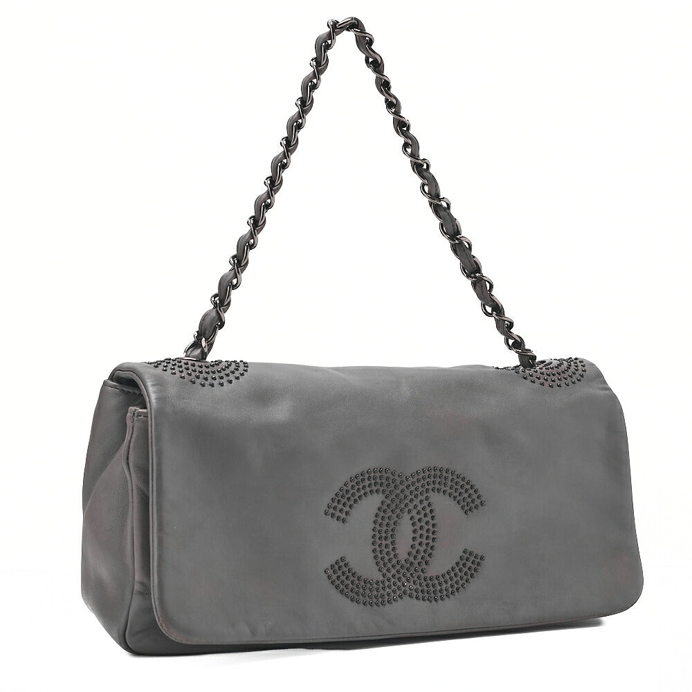 CHANEL Big Coco Mark Studs Full Flap Shoulder Bag Lambskin Grey Silver-Tone Hardware, Pre-Owned