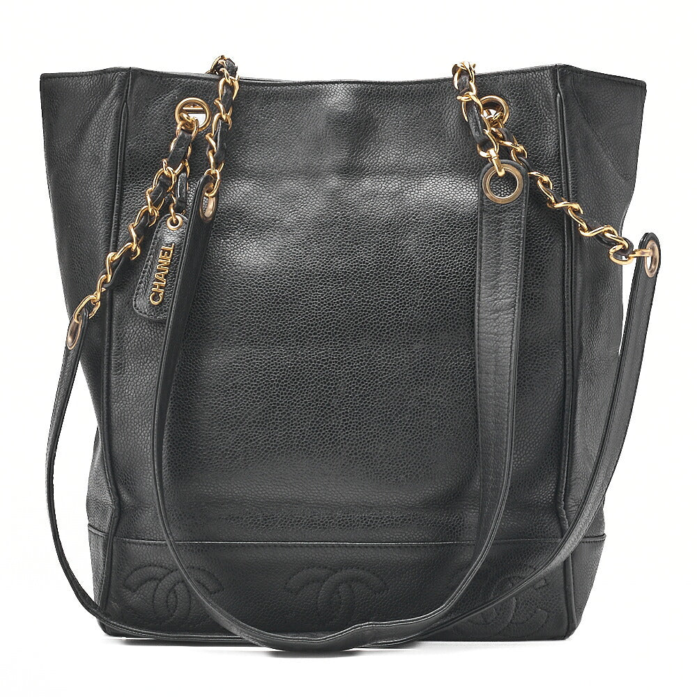 CHANEL Triple Coco Double Chain Shoulder Caviar Skin Black Gold-Tone Hardware, Pre-Owned