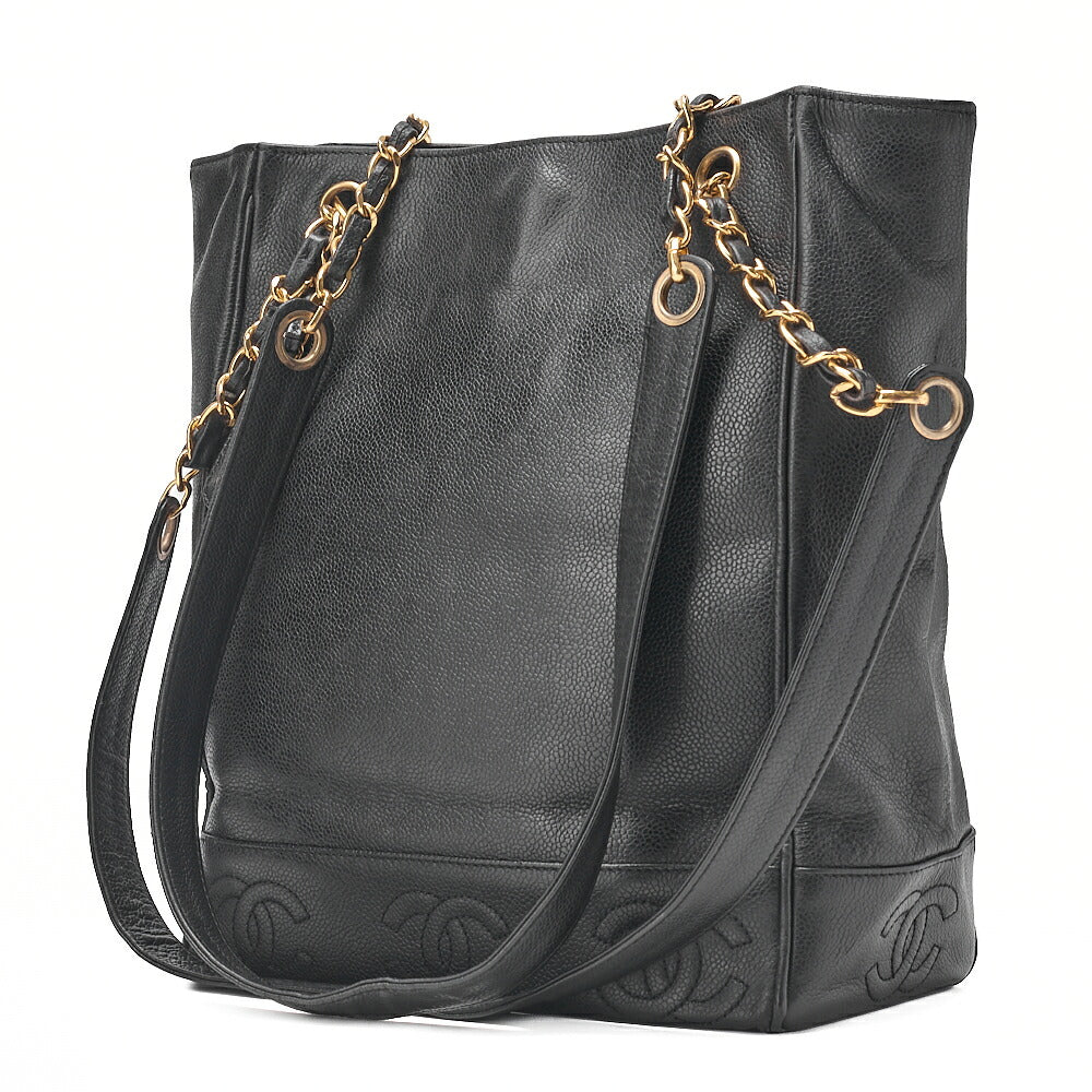 CHANEL Triple Coco Double Chain Shoulder Caviar Skin Black Gold-Tone Hardware, Pre-Owned