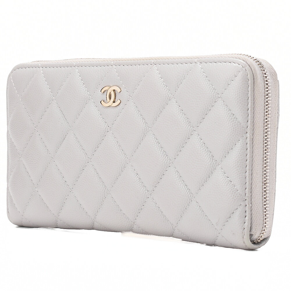 CHANEL Matelasse Round Long Wallet Caviar Skin Grey Gold-Tone Hardware, Pre-Owned